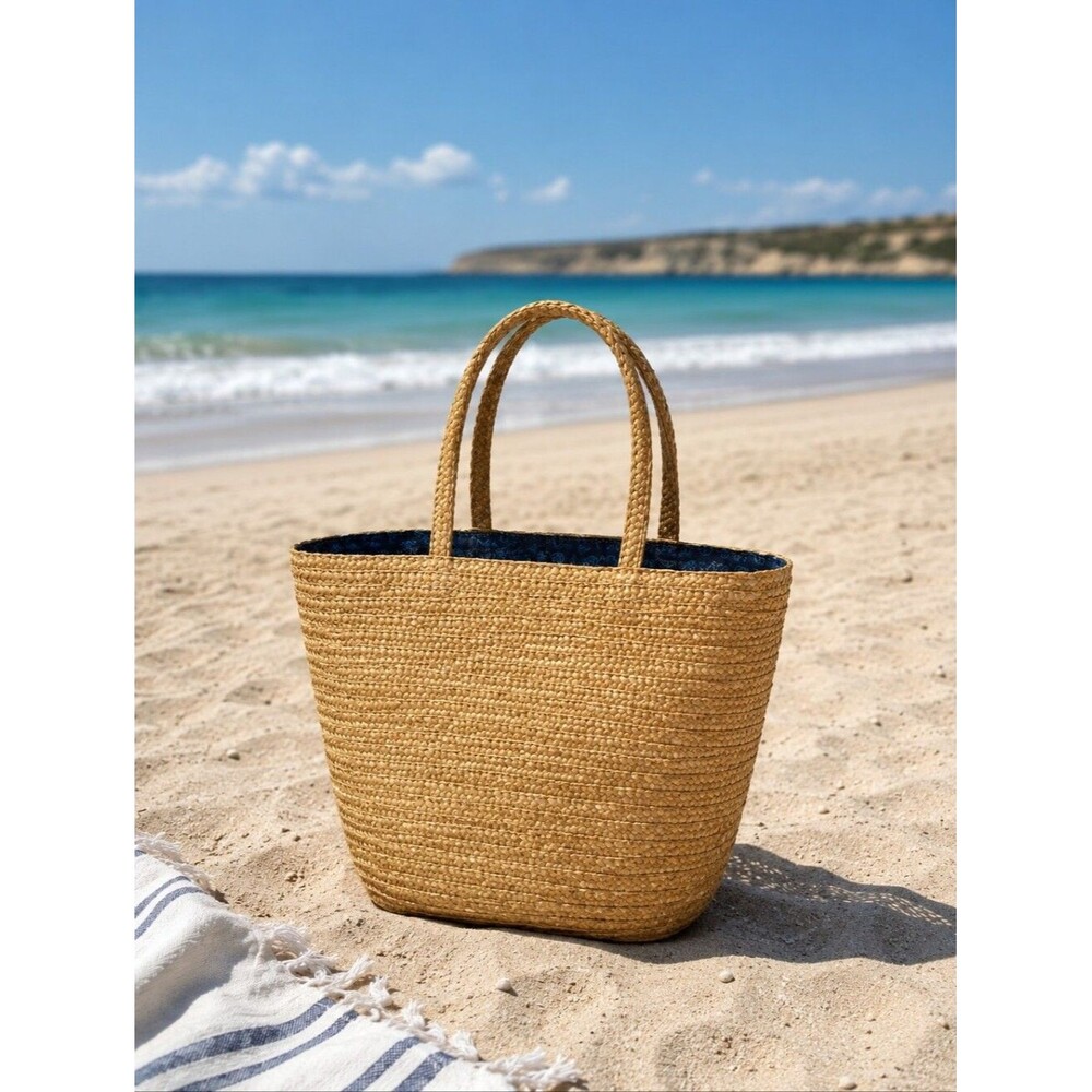 Woven Straw Bag, Navy & Teal Blue Linimg With Pockets, Anchor, 15"x12"
